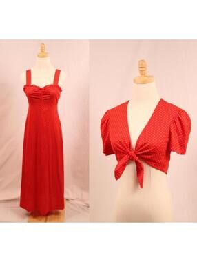 Vintage Cherry Red Polka Dot 2-Piece Maxi Dress Tie Top Set Small Terri Juniors
